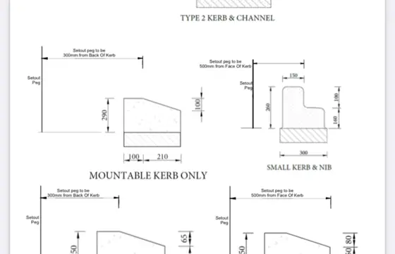 Kerb profile technical drawing beside a completed pour